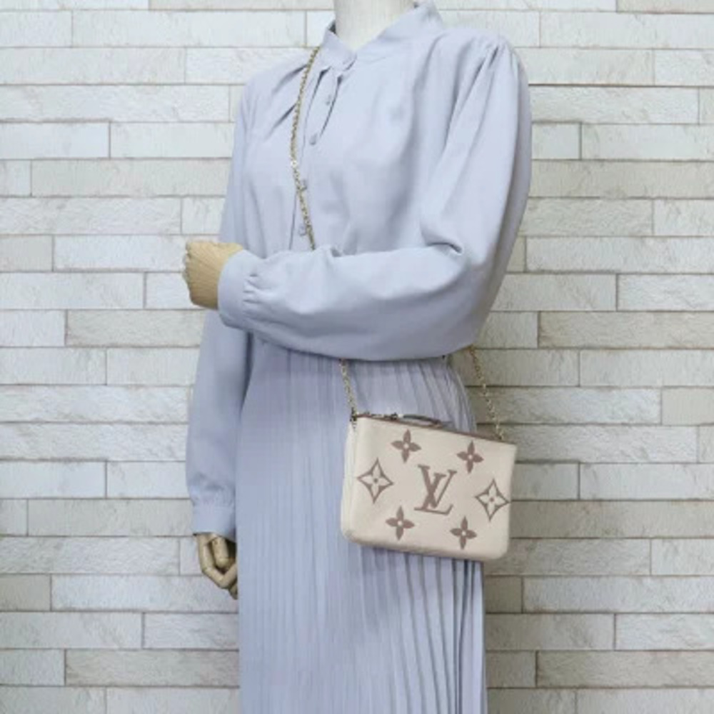 Louis Vuitton Leather Shoulder Bag Zip Beige Double